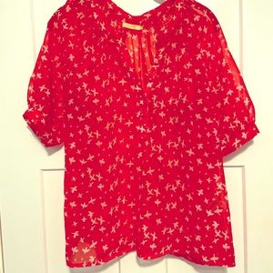 Tulle 3/4 sleeve coral and white blouse